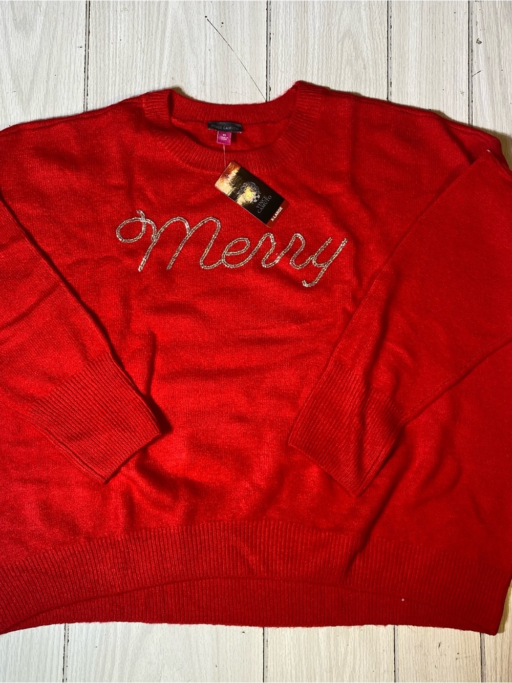 NWT Vince Camuto Red "Merry" Sequin Holiday Christmas Pullover Sweater Sz XL $79